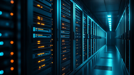 High-Tech Data Center Corridor with Rows of Illuminated Server Racks and LED Indicators, Futuristic interior of modern data centre, Cybersecurity concept