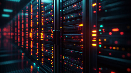 High-Tech Data Center Corridor with Rows of Illuminated Server Racks and LED Indicators, Futuristic interior of modern data centre, Cybersecurity concept