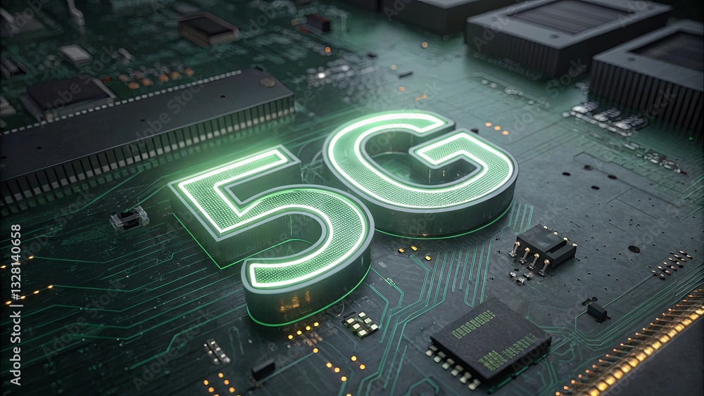 Poster a circuit board with the letters 5g glowing on it