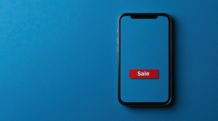 A smartphone displaying a prominent sale button against a vibrant blue background, showcasing digital commerce innovation.