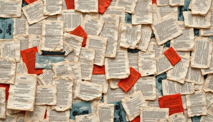 A collage of assorted aged book pages, featuring text and images, layered creatively with a mix of red and beige tones.