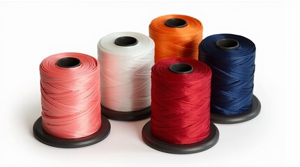 A row of colorful spools of thread
