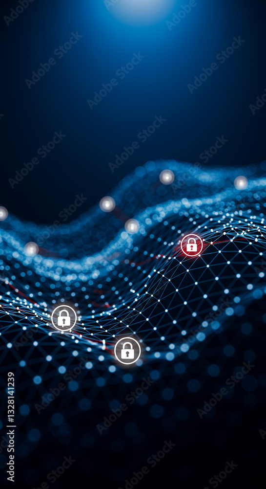 Poster cybersecurity network: data protection, encryption, and secure connection with padlock icons on digi