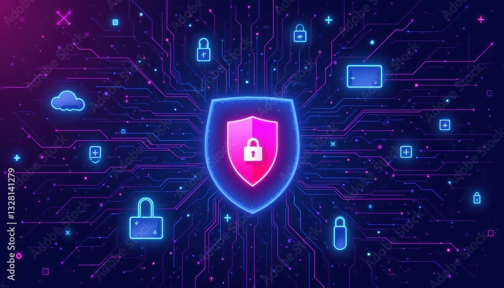 Poster a digital shield symbolizing cybersecurity, surrounded by lock icons and data connections, illustrat
