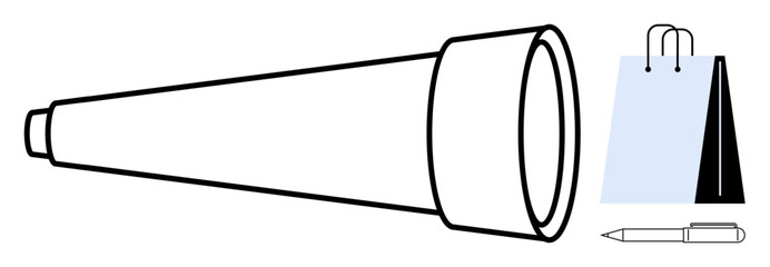 Telescope alongside a pen and shopping bag promoting exploration, creativity, and shopping trends. Ideal for business, vision, focus, discovery, analysis, consumer habits flat simple metaphor