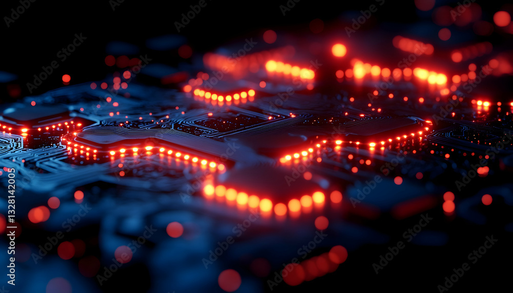 Poster glowing red circuitry lines illuminate a dark technological surface, creating a vibrant and abstract