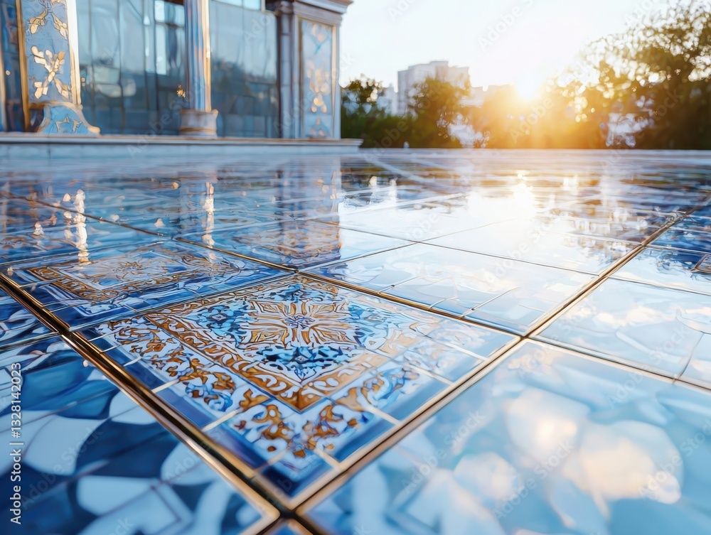 Poster handpainted tile patterns captured in diffused morning light close-up view architectural detail urba