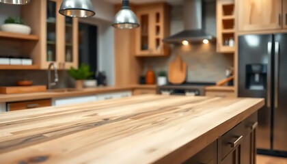 Warm wooden kitchen countertop amidst a modern domestic interior setting