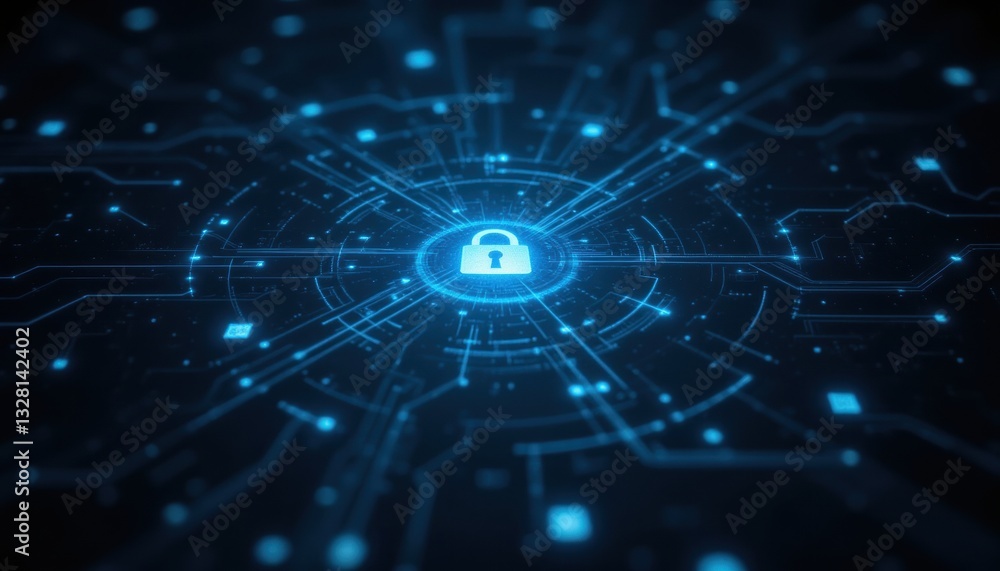 Poster a digital network image featuring a central padlock icon, symbolizing cybersecurity and data protect