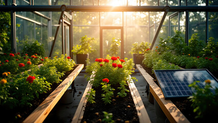 Obraz premium A high-quality photo of a greenhouse interior with rows of potted plants and solar panels. The greenhouse has a glass roof and walls, allowing natural light to flood in. The plants are diverse