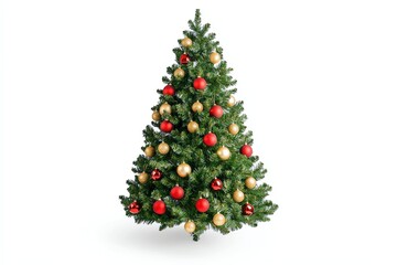 Fototapeta premium Decorated Christmas Tree with Red and Gold Baubles on White Background