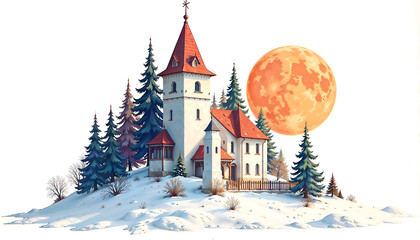 Majestic castle on a snowy hill with a glowing moon in the background. 