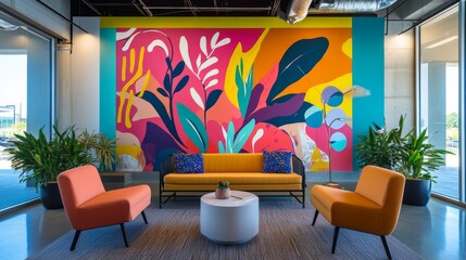 Modern Creative Workspace with Colorful Mural and Stylish Furniture in Urban Setting