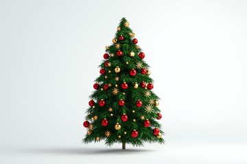 Decorated Christmas Tree with Red and Gold Ornaments on White Background