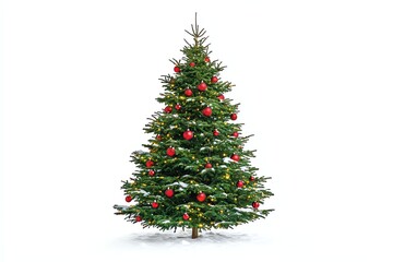 Fototapeta premium Decorated Christmas Tree with Red Ornaments and Lights on Snow