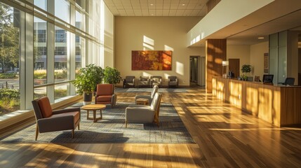 Modern Office Lobby Featuring Sunlit Spaces and Contemporary Furniture in a Welcoming Atmosphere