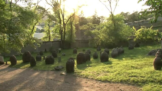 Funerary jars in Pohyon temple, Hyangsan, Mount Myohyang, North Korea