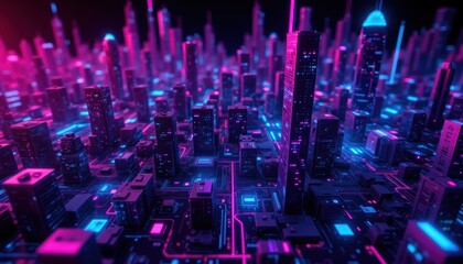 Obraz premium A vibrant, futuristic cityscape illuminated with neon lights, showcasing tall skyscrapers and a dynamic network of pathways.