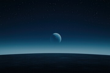 Nighttime Satellite Images Data Concepts. A distant planet rising over a dark horizon with stars.