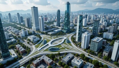 Aerial view of a modern city with skyscrapers, roads and an innovative roundabout design, showcasing urban architecture and infrastructure.