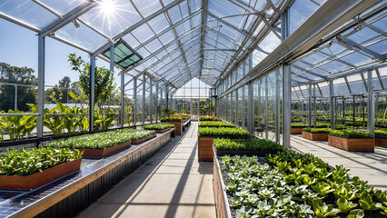 A high-quality photo of a greenhouse interior with rows of potted plants and solar panels. The greenhouse has a glass roof and walls, allowing natural light to flood in. The plants are diverse