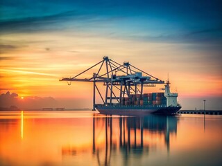 Obraz premium Minimalist Seascape: Container Ship Crane Unloading Cargo at Port