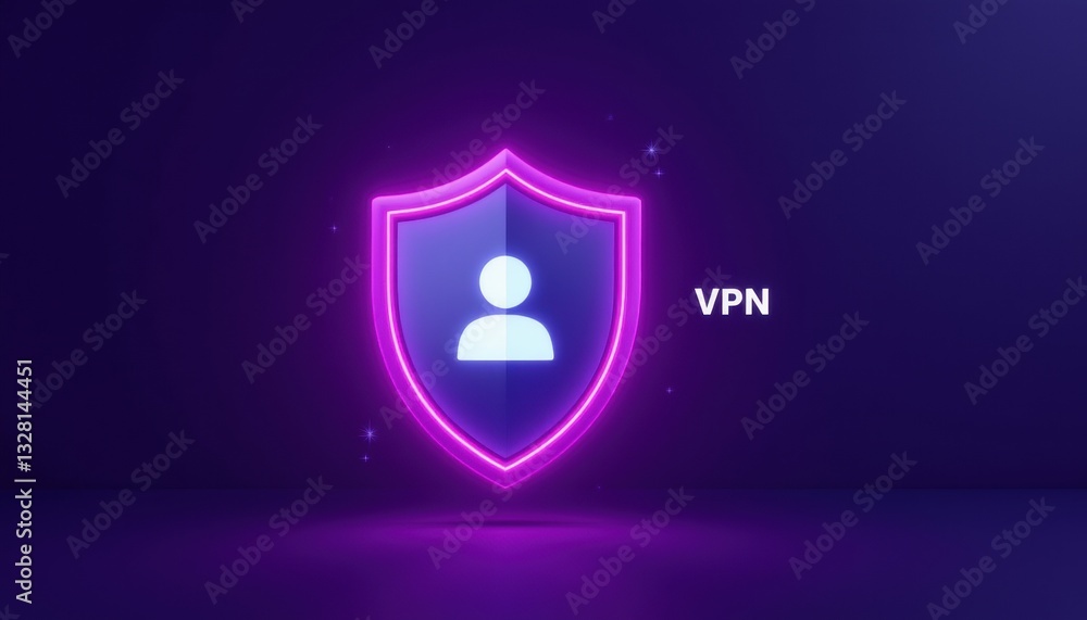 Poster a glowing shield icon representing online security with a user silhouette and the text 