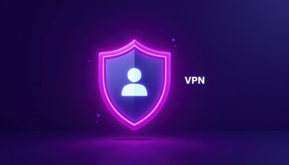 A glowing shield icon representing online security with a user silhouette and the text "VPN" on a dark background.
