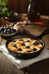 Fresh berry crumble in cast iron skillet with herbal accents, natural wooden background and linen napkin for culinary website header image.