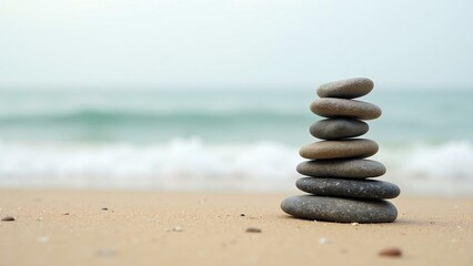 Minimalist Zen Stones Stacked on Sandy Beach for Relaxation and Balance