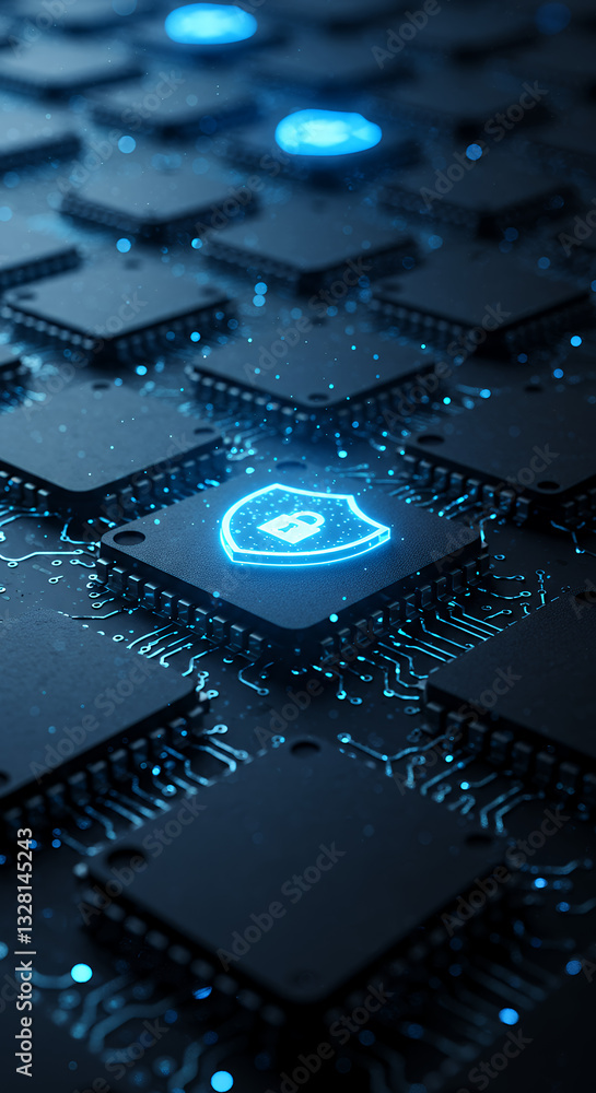 Poster cyber security chip: secure data protection, digital safety & encryption tech. unlock the future of 