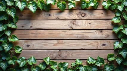 Rustic Wooden Planks with Delicate Ivy Vines Framing the Edges