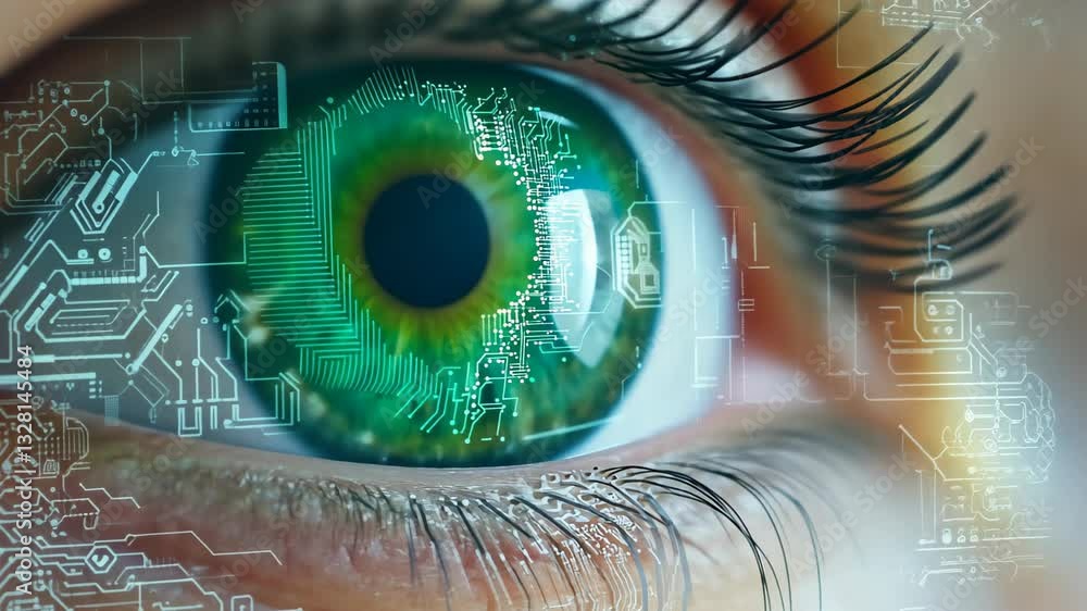 Poster futuristic digital eye close up showcasing intricate circuit patterns with cybernetic style and inno