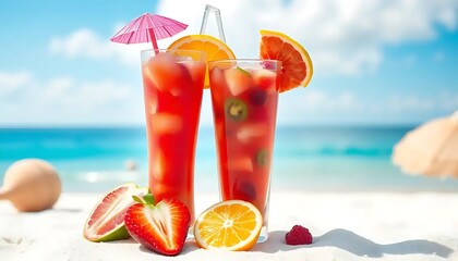 Obraz premium Refreshing tropical fruit cocktails served on a serene beach backdrop
