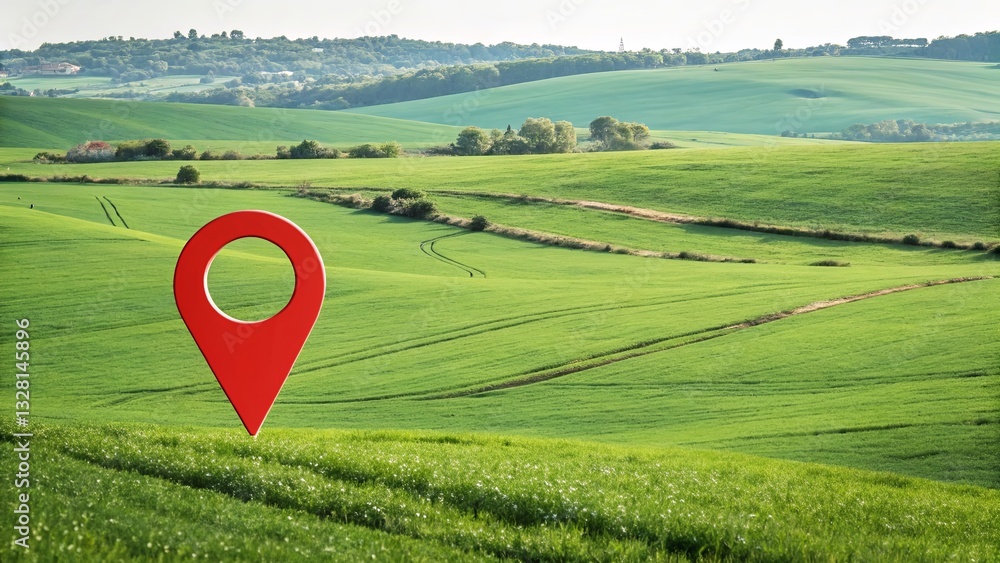 Poster a red pin is placed in the middle of a green field