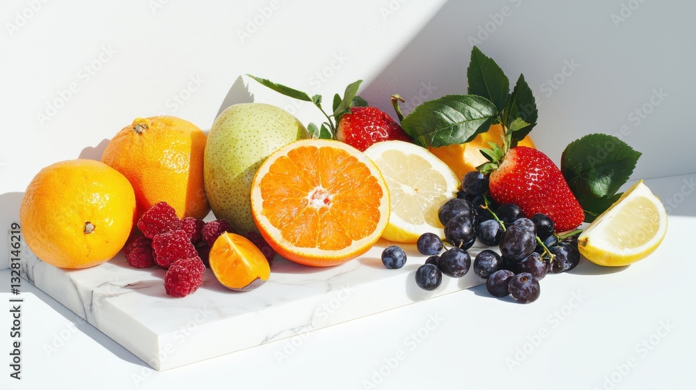 Poster fresh fruit display on white backdrop soft lighting close-up photography indoor environment emphasiz