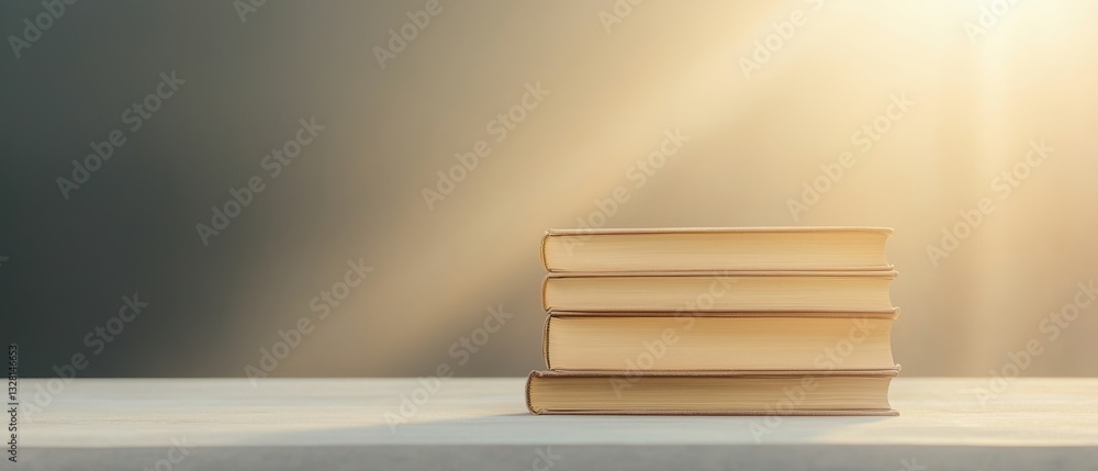 Poster religious institute faith concepts. stack of old books on a table with soft lighting.