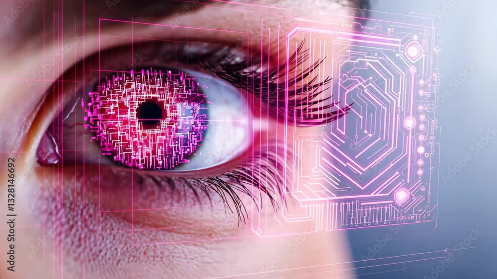 Poster futuristic digital eye close up with circuit patterns in vibrant pink colors reflecting advanced tec