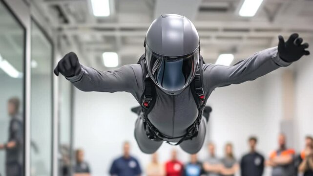 High-tech skydiver in a sleek flight suit hovers in a wind tunnel, demonstrating innovation in air sports. Athlete in an advanced aerodynamic suit in indoor skydiving. Video made using Generative AI.