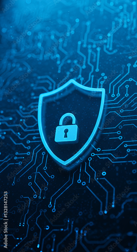 Poster digital security shield: cyber protection & circuit board lock for data privacy & secure network sol