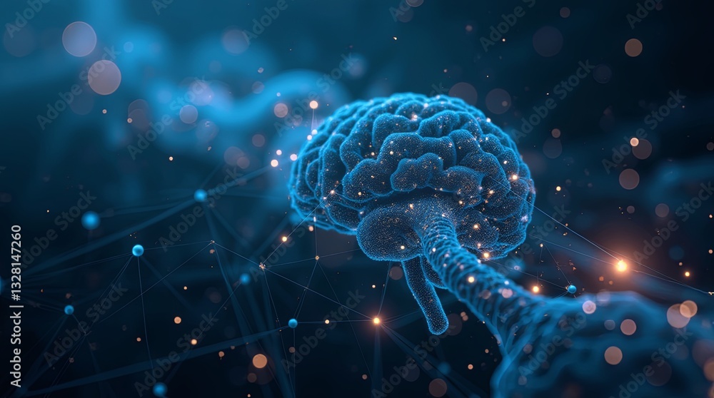 Poster a brain is shown in a blue and white color scheme with a lot of dots and lines