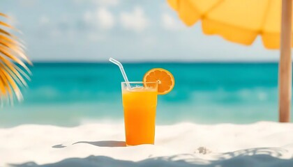 Obraz premium Exotic beach getaway featuring a refreshing tropical orange juice drink
