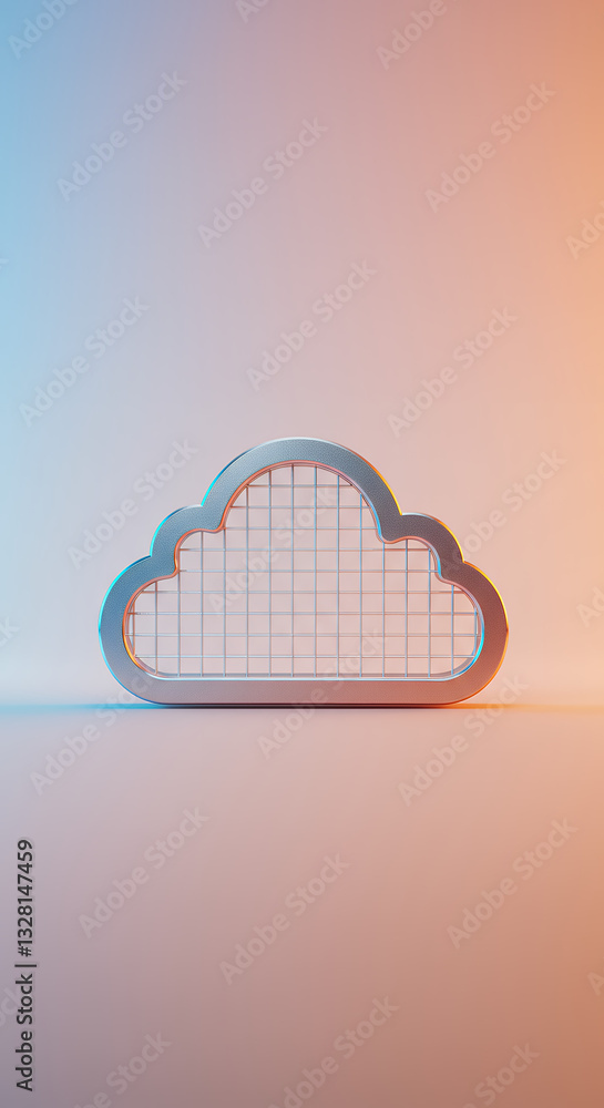 Poster cloud computing icon: silver grid network, data storage, & digital technology. modern graphic design