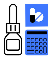 Nasal spray bottle, calculator, and pill icons combine to represent healthcare, medication dosage, and calculations. Ideal for pharmacy, health management, dosage planning, medicine wellness