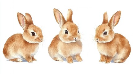 Fototapeta premium Three Adorable Brown Watercolor Rabbits on White Background