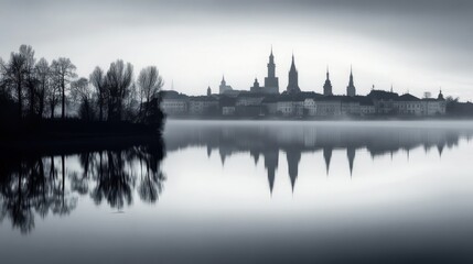 Obraz premium Foggy lake reflection of city skyline at dawn
