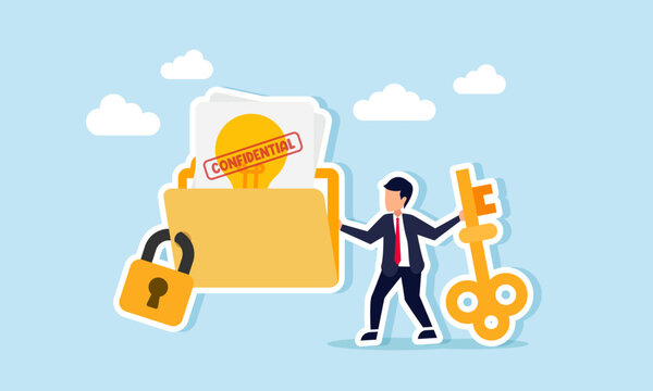 Businessman holds a key standing beside a locked lightbulb-labeled document folder marked CONFIDENTIAL, illustration of business idea and innovation document confidentiality