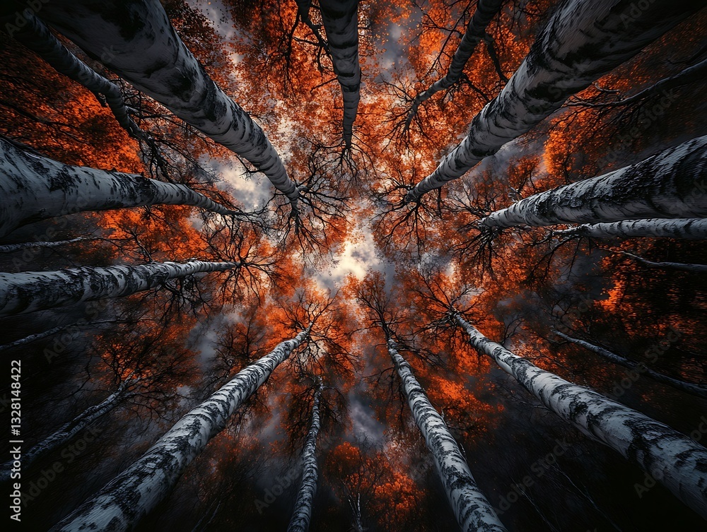 Poster fractal artistic explosion with fire and lightning spikes bottom of jungle with trees view