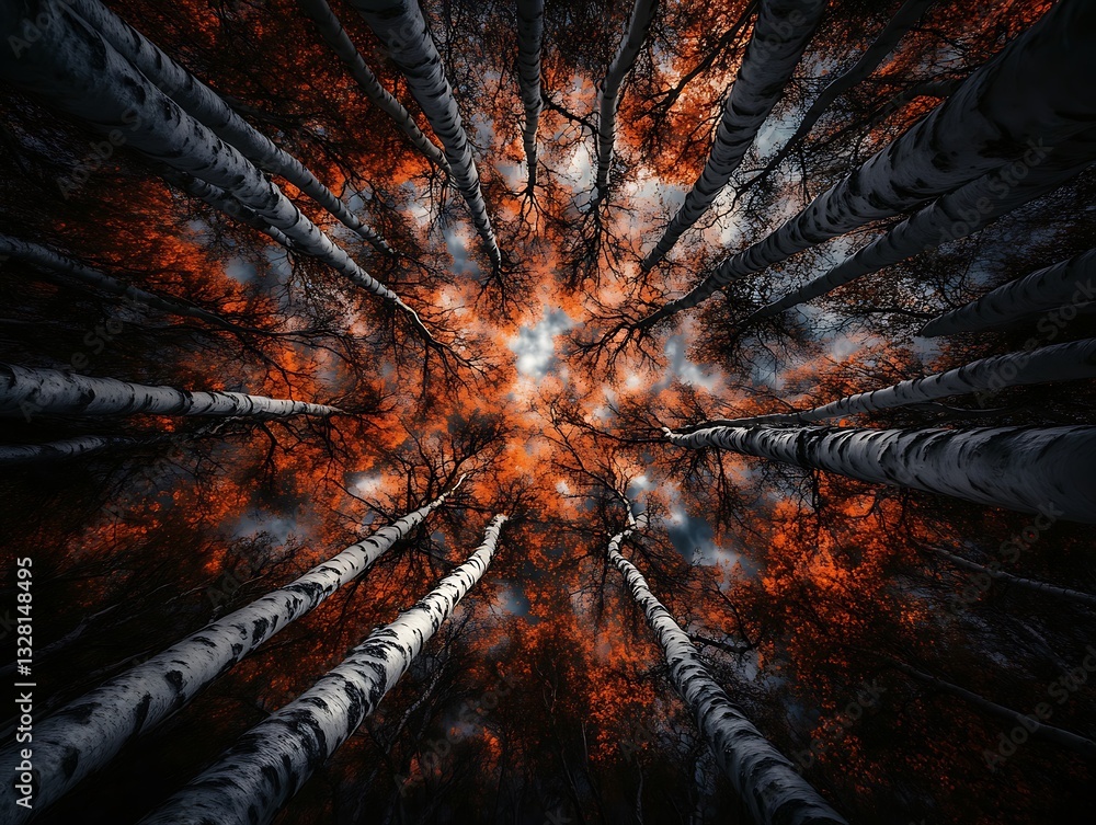 Poster fractal artistic explosion with fire and lightning spikes bottom of jungle with trees view