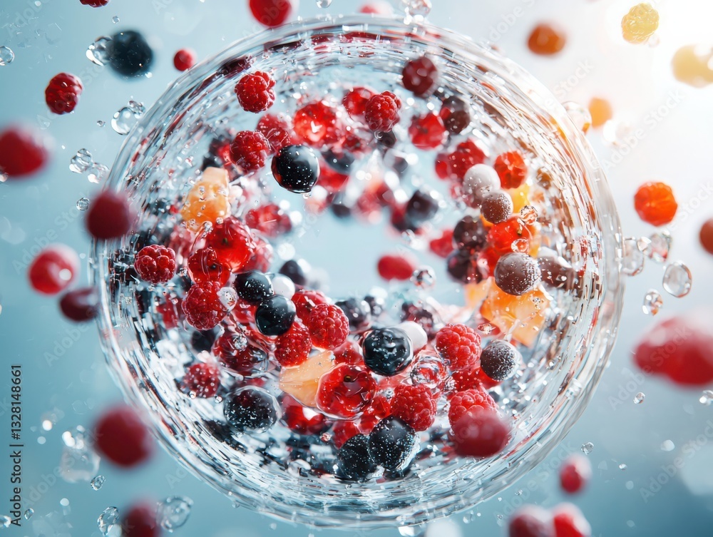 Poster abstract top-down view of fruit biosynthesis process in soft lighting conceptual art artistic enviro